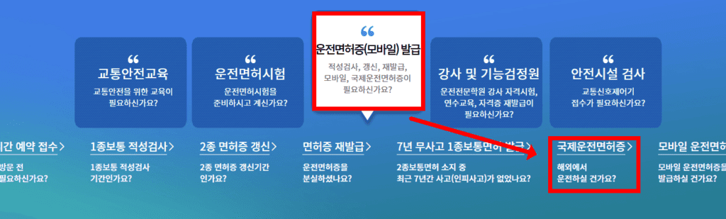 국제운전면허증 메뉴 선택 화면