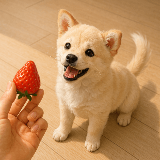 강아지가 딸기를 먹고싶어 하는 모습