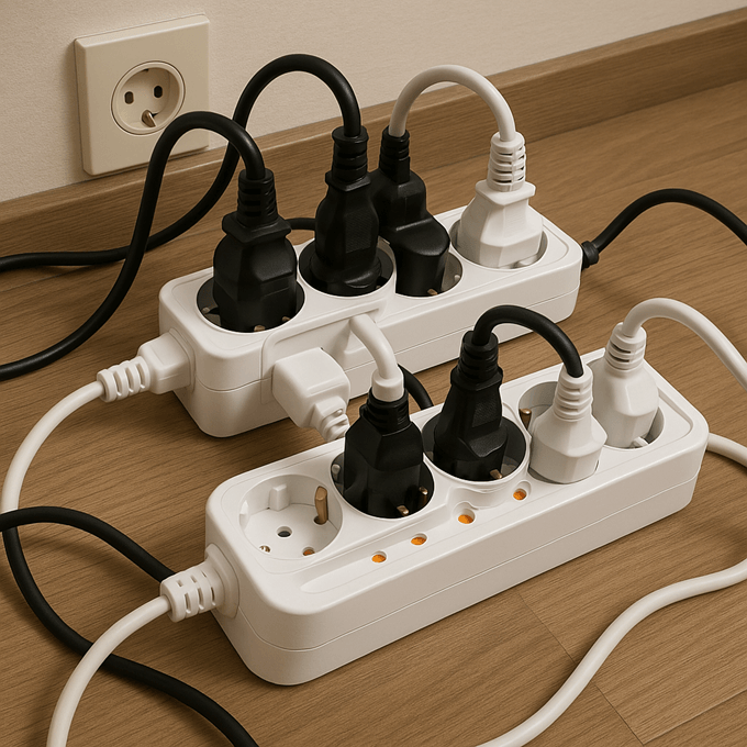 멀티탭에 멀티탭 연결되어 있는 모습