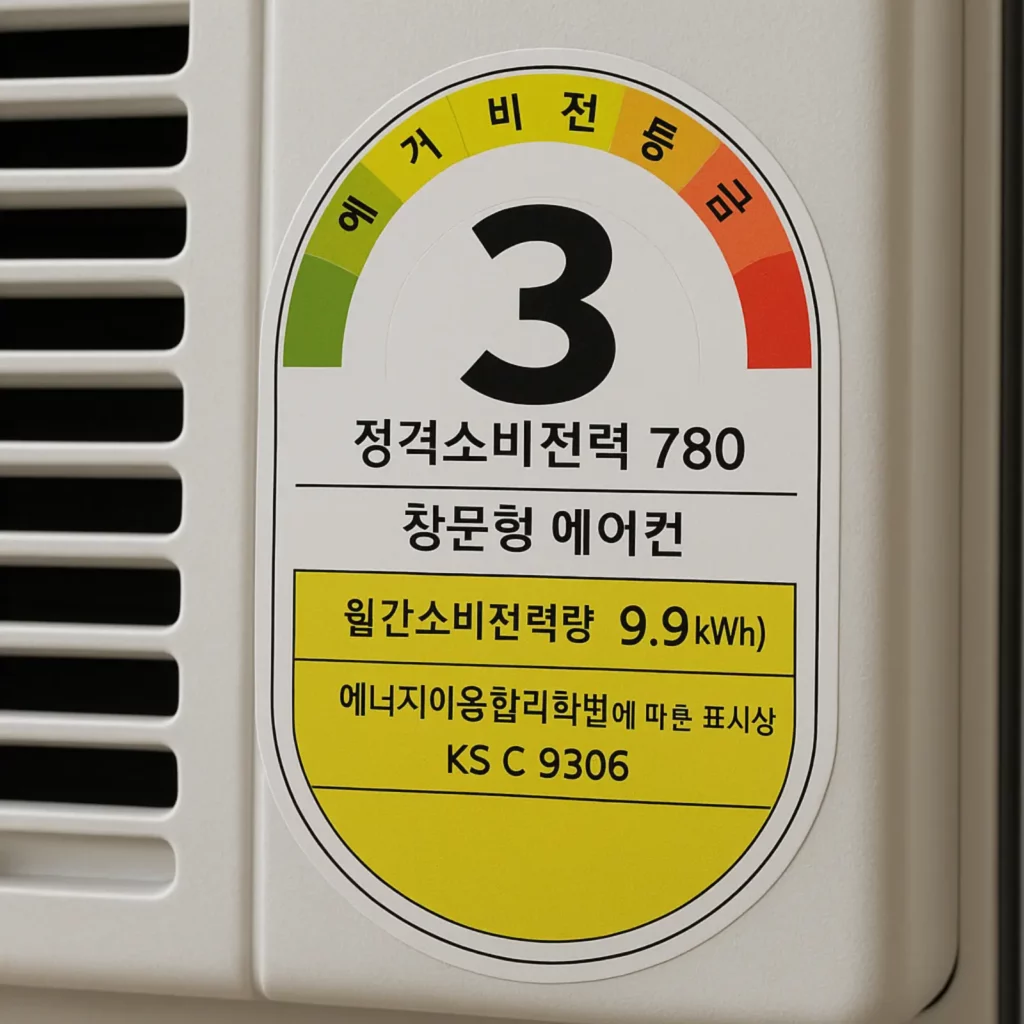창문형 에어컨 전기세 소비전력 스티커 확대 화면