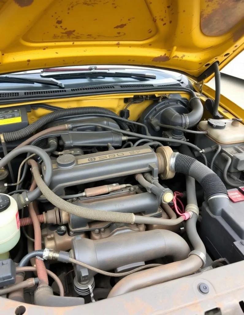 자동차 엔진룸이 열려 있는 모습