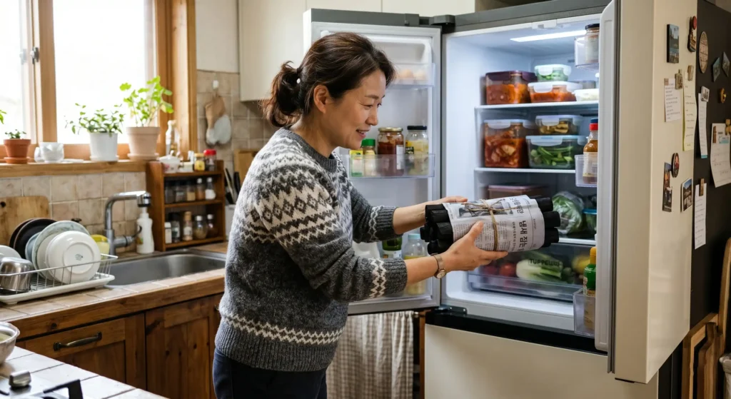숯을 신문지에 싸서 냉장실에 넣는 모습