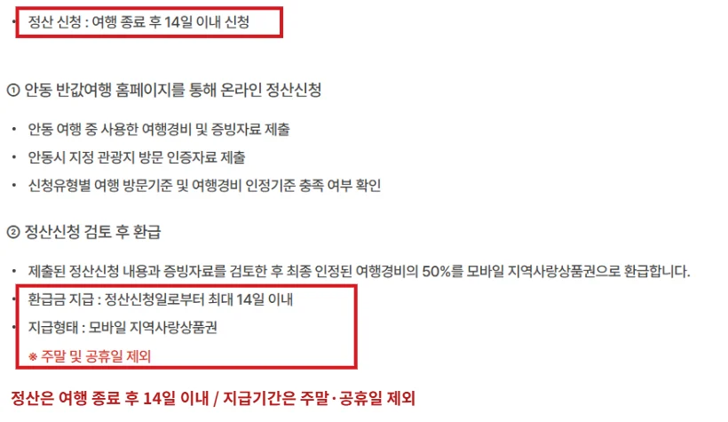 안동 반값여행 공식 정산 안내에서 여행 종료 후 14일 이내 신청과 정산신청일로부터 최대 14일 이내 지급 문구를 빨간 테두리로 강조한 화면