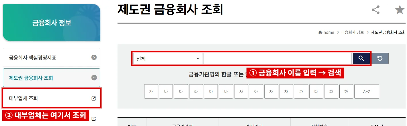 금융감독원 파인 제도권 금융회사 조회 화면의 검색창과 대부업체 조회 메뉴를 빨간색으로 표시