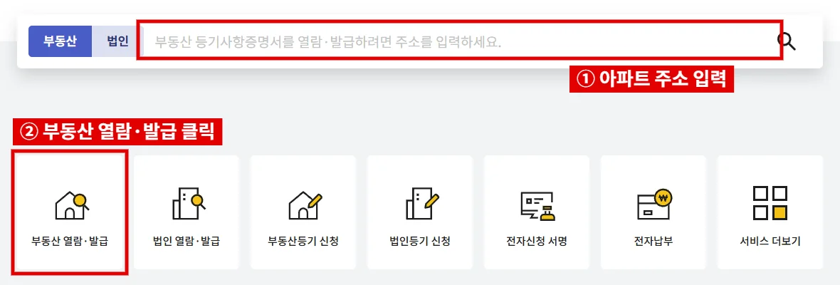 인터넷등기소 메인 화면에서 주소 입력칸과 부동산 열람·발급 버튼을 빨간색으로 표시