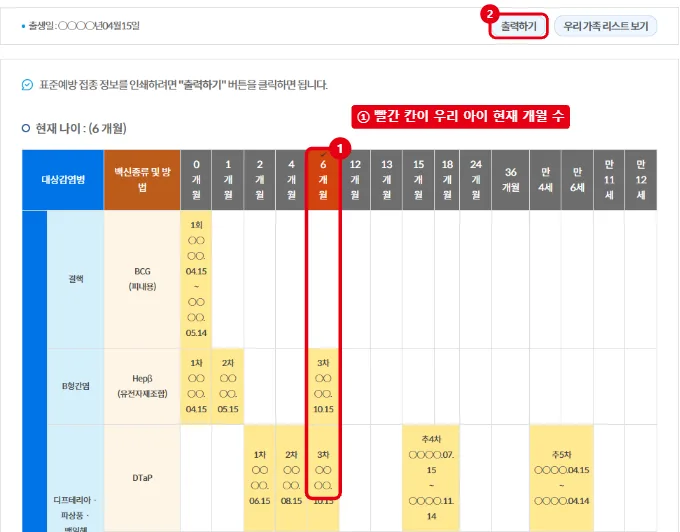 예방접종도우미 출생일검색 예방접종 일정표에서 현재 개월 수 칸과 출력하기 버튼을 빨간 테두리로 표시한 화면, 연도는 가림 처리
