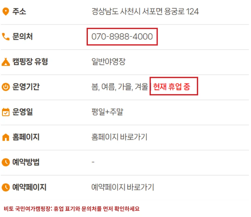 고캠핑 비토 국민여가캠핑장 안내에서 현재 휴업 중 표시와 문의 전화 070-8988-4000을 빨간 테두리로 강조한 화면