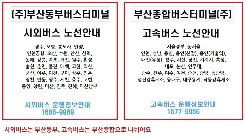 부산동부버스터미널 공식 공지에서 시외버스 노선안내와 부산종합버스터미널 고속버스 노선안내가 나뉜 화면을 빨간 테두리로 표시한 모습