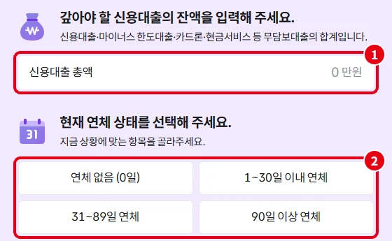 신용회복위원회 나에게 맞는 채무조정 찾기 1단계 화면에서 신용대출 총액 입력칸과 현재 연체 상태 선택 버튼을 빨간 번호로 표시한 모습