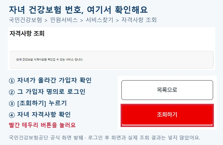 국민건강보험공단 서비스찾기의 자격사항 조회 페이지에서 조회하기 버튼을 빨간 테두리로 강조하고 자녀 건강보험 번호 확인 순서를 정리한 안내