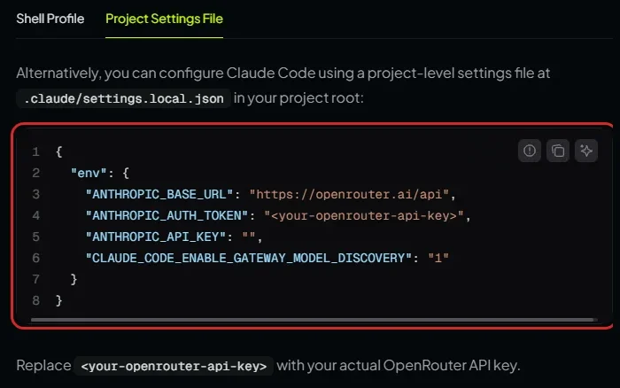 Claude Code settings.local.json에서 OpenRouter 주소와 인증 토큰을 입력하는 공식 예시, 설정 영역 빨간 테두리 강조