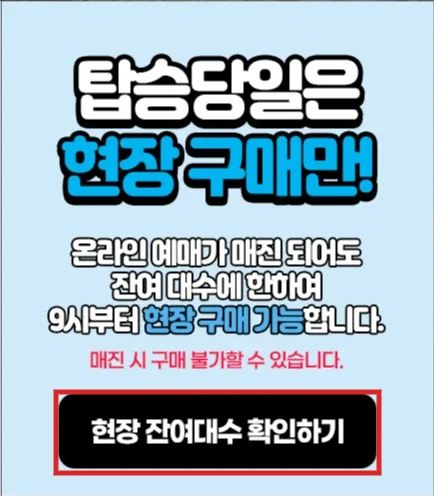 대천 스카이바이크 공식 당일 현장구매 안내와 현장 잔여대수 확인 영역을 빨간색으로 강조한 화면