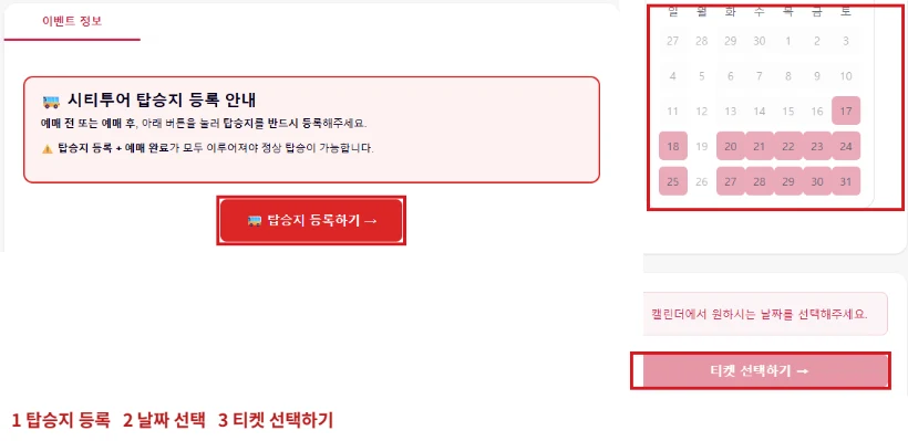 대전시티투어 마실 정기코스 예약 화면에서 탑승지 등록 버튼, 날짜 선택 달력, 티켓 선택하기 버튼을 빨간 테두리로 표시한 화면
