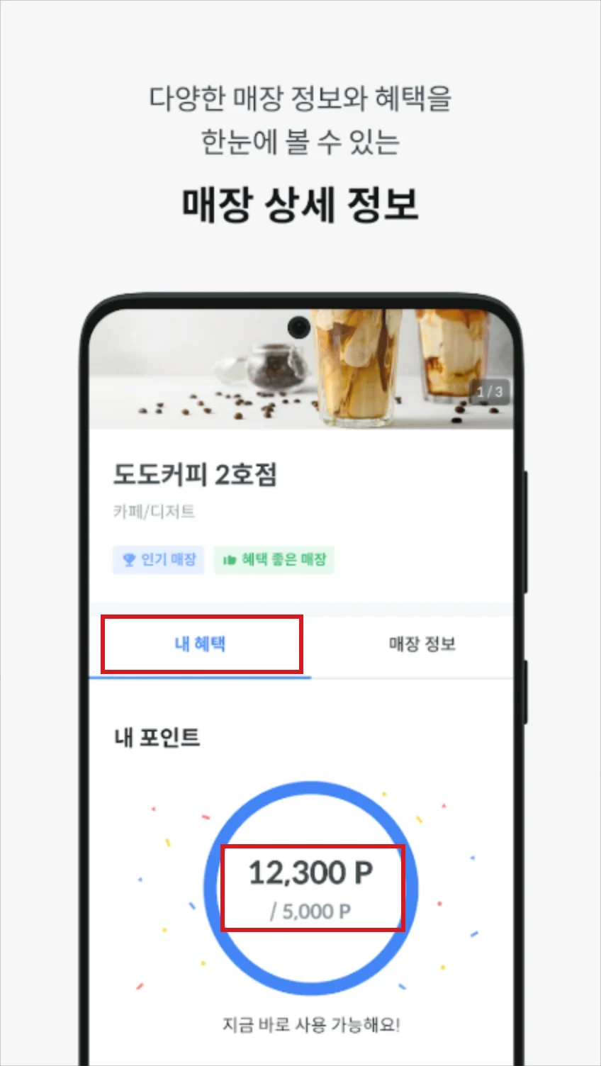 도도포인트 공식 앱 소개 화면의 내 혜택 탭과 보유 포인트 숫자를 빨간 테두리로 강조한 예시