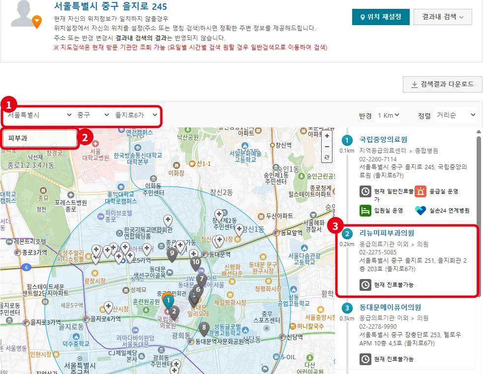 응급의료포털 E-GEN 병원 찾기 화면에서 지역 선택, 진료과 피부과 선택, 결과 목록의 진료 여부와 전화번호를 빨간 박스와 번호로 표시한 캡처