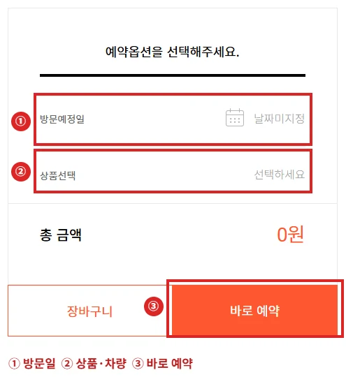 에버랜드 스마트예약 발레파킹 화면에서 방문예정일, 상품선택, 바로 예약 버튼을 빨간색으로 표시