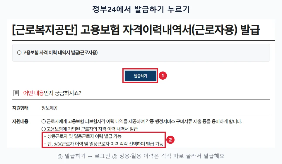 정부24 고용보험 자격이력내역서(근로자용) 발급 페이지에서 발급하기 버튼과 상용·일용 이력 각각 발급 안내를 빨간 테두리로 표시한 화면