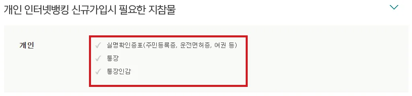 하나은행 인터넷뱅킹 신규가입 안내에서 개인 고객 지참물인 실명확인증표·통장·통장인감을 빨간색으로 표시한 화면