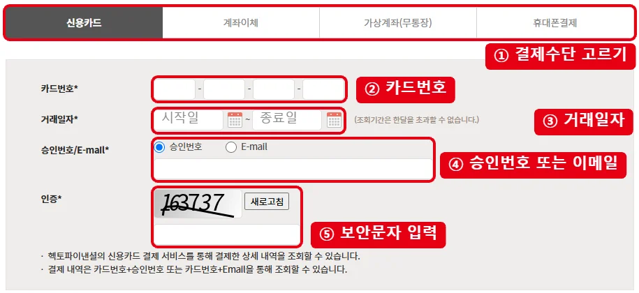 헥토파이낸셜 결제수단별 조회 화면에서 결제수단 탭, 카드번호, 거래일자, 승인번호 또는 이메일, 보안문자 입력칸을 번호와 빨간 테두리로 표시한 화면