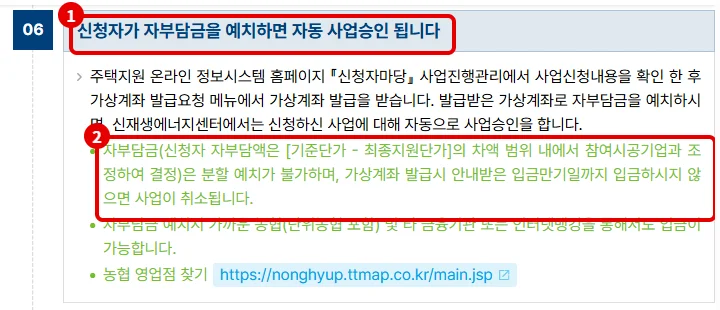 한국에너지공단 주택지원사업 사업진행절차에서 자부담금 예치 후 자동 사업승인 단계와 입금만기일까지 입금하지 않으면 사업이 취소된다는 안내를 빨간 테두리로 표시한 화면