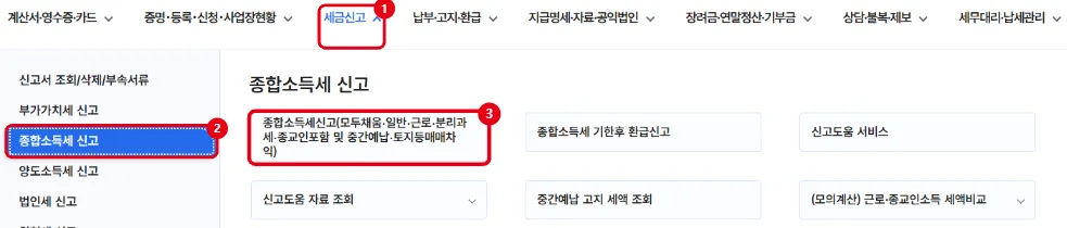 홈택스 세금신고 메뉴에서 종합소득세 신고와 근로소득 경정청구가 포함된 종합소득세신고 메뉴를 빨간 테두리로 표시한 화면