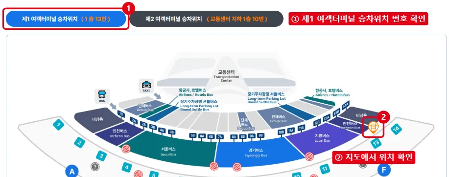 인천국제공항 버스 검색에서 강릉행 노선의 제1 여객터미널 승차위치 13번과 지도 위치를 빨간 테두리로 표시한 화면