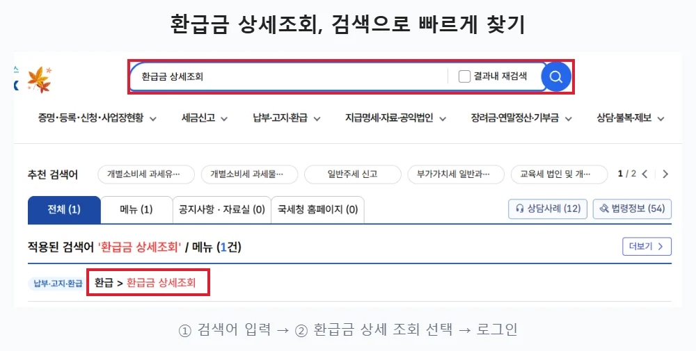 홈택스 검색창에 환급금 상세조회를 입력한 뒤 검색 결과의 환급금 상세 조회 메뉴를 누르도록 빨간 테두리로 표시한 공식 화면