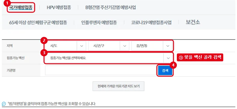예방접종도우미 국가예방접종 위탁의료기관 찾기 화면에서 국가예방접종 탭, 지역 선택, 접종가능 백신 선택, 검색 버튼을 빨간 테두리로 표시한 화면