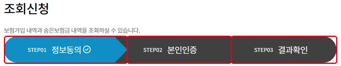 내보험찾아줌 조회신청 화면의 정보동의 본인인증 결과확인 3단계를 빨간 테두리로 강조한 화면