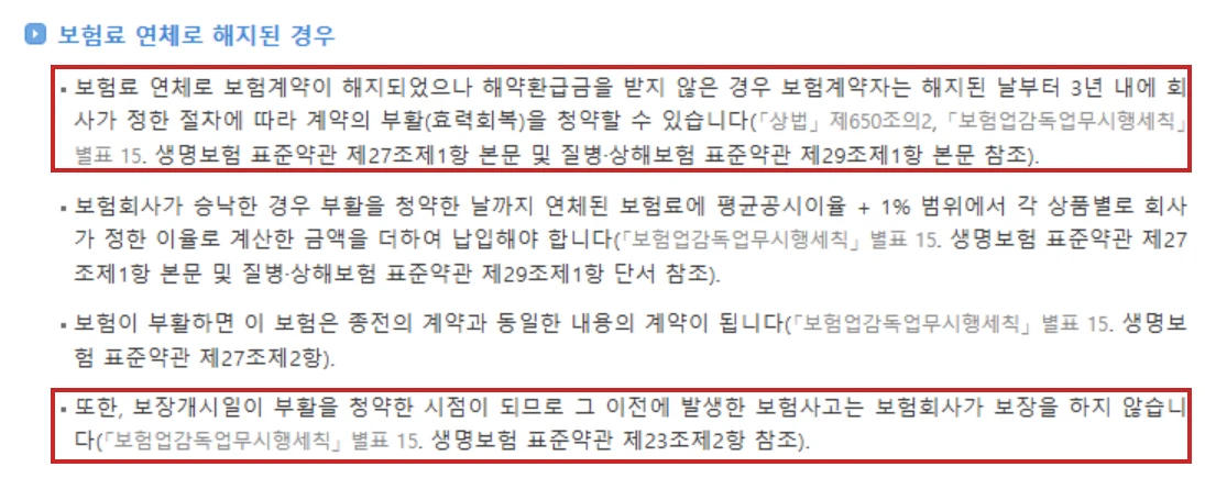 해지한 보험 부활의 미납 해지·환급금 미수령·3년 이내 조건과 보장 공백 안내를 빨간 테두리로 강조한 공식 화면