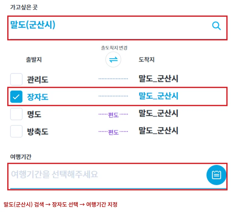 한국해운조합 여객선예매에서 말도 군산시 검색창, 장자도 출발 선택란, 여행기간 입력란을 빨간 테두리로 표시한 화면