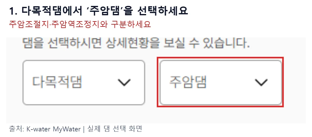 MyWater 물정보포털에서 다목적댐과 주암댐을 선택하는 위치를 빨간 테두리로 강조한 화면