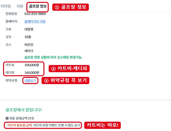 카카오골프예약 골프장 정보 탭에서 카트피, 캐디피, 위약규정 내용보기, 카트비 불포함 안내를 빨간 테두리로 표시한 화면