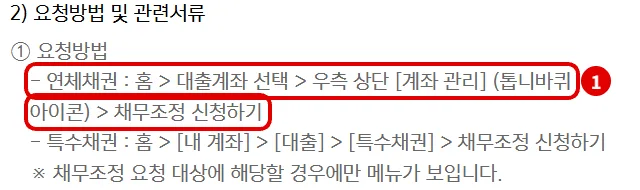 카카오뱅크 채무조정안내에서 연체채권 채무조정 신청 경로인 홈, 대출계좌 선택, 계좌 관리, 채무조정 신청하기를 빨간 테두리로 표시한 화면