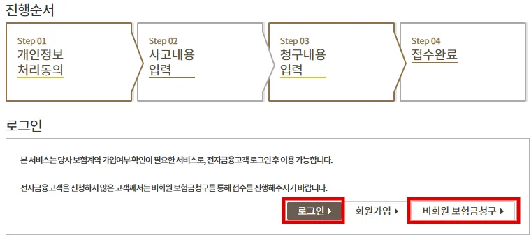 KB손해보험 자동차사고 접수 화면에서 로그인과 비회원 보험금청구 버튼을 빨간색으로 표시한 모습
