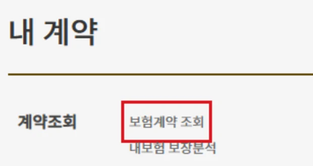 KB손해보험 내 계약 메뉴에서 보험계약 조회 항목을 빨간색으로 표시한 화면