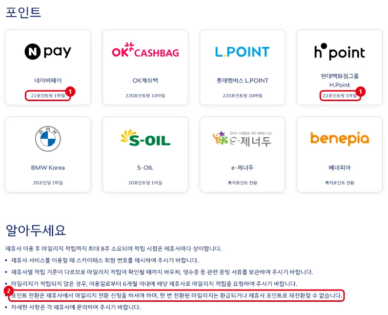 대한항공 홈페이지 쇼핑 포인트 마일리지 적립 페이지에서 네이버페이와 H.Point 22포인트당 1마일 비율, 포인트 전환은 제휴사에서 신청한다는 안내를 빨간 테두리로 표시한 화면