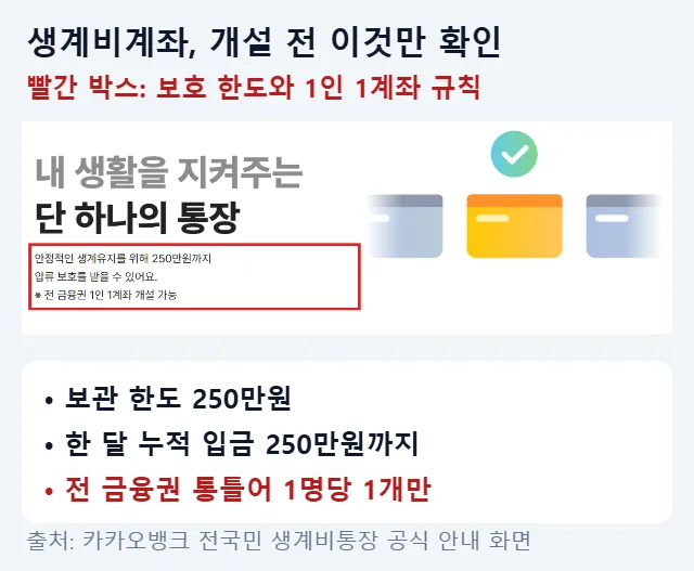 카카오뱅크 전국민 생계비통장 공식 안내 화면에서 250만원 압류 보호와 전 금융권 1인 1계좌 문구를 빨간 박스로 강조하고 보관·입금 한도를 정리한 이미지