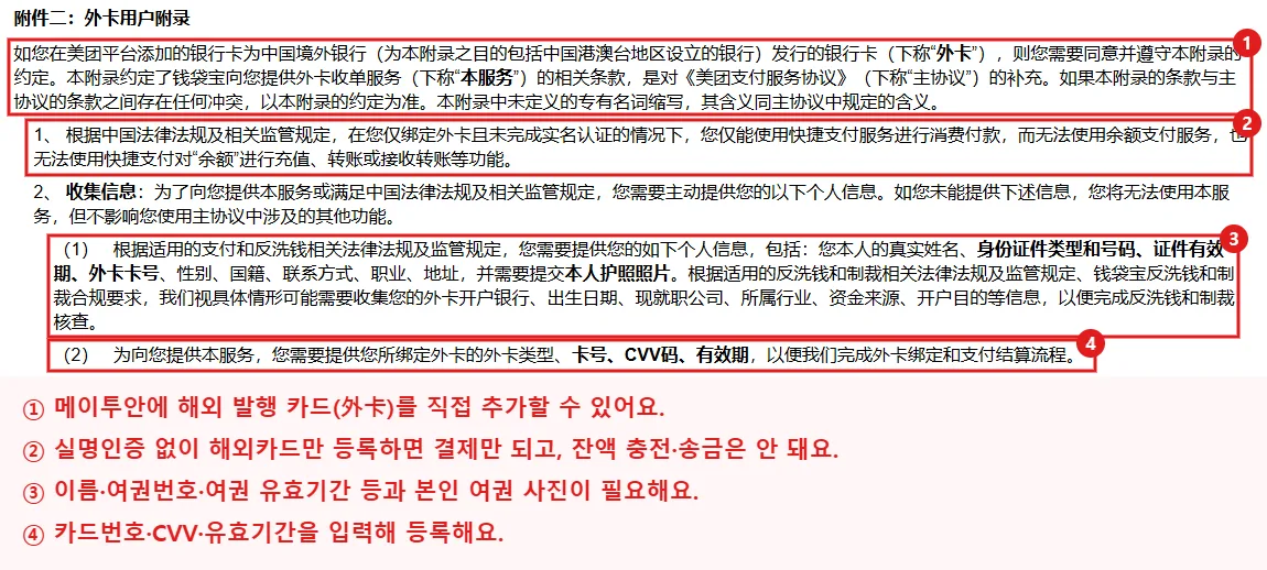 메이투안 규칙센터 결제서비스 약관(美团支付服务协议)의 해외카드 이용자 부록(外卡用户附录)에서 해외카드 등록 가능 문구, 실명인증 전 이용 제한, 여권 정보와 여권 사진 제출, 카드번호·CVV·유효기간 입력 조항을 빨간 테두리와 번호로 표시한 화면