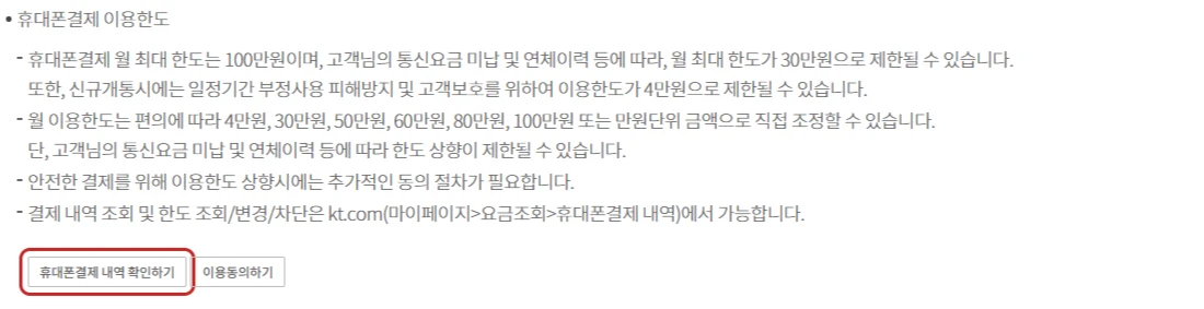 KT 공식 휴대폰 결제 안내에서 빨간색으로 표시한 휴대폰결제 내역 확인하기 버튼