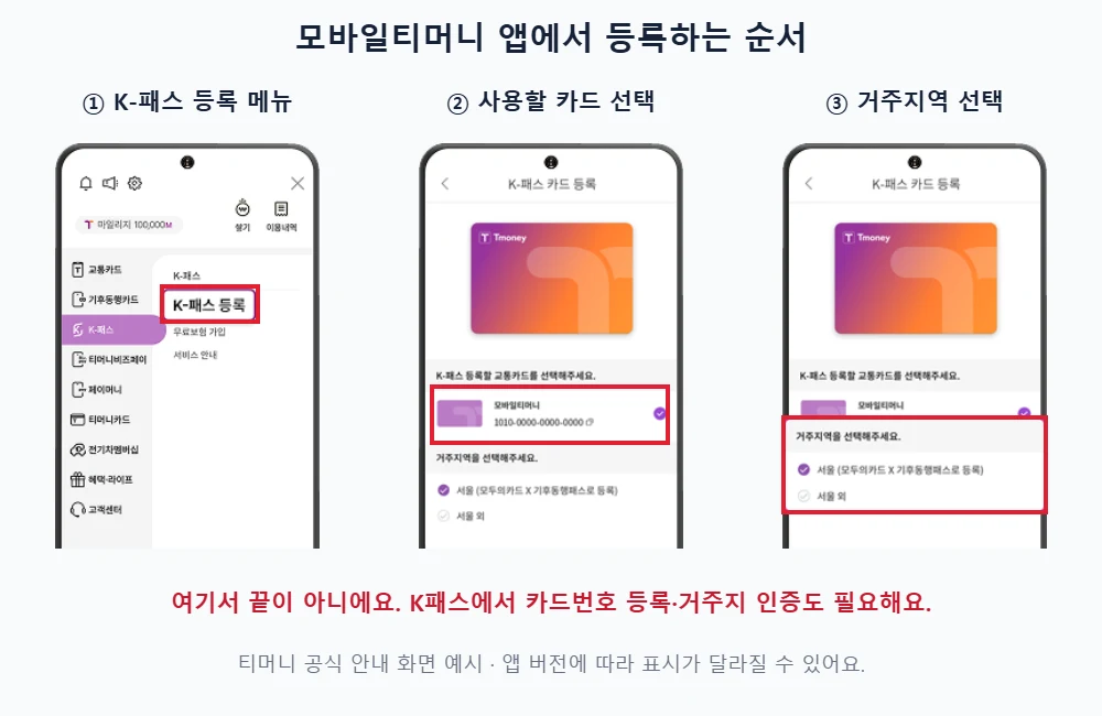 모바일티머니 K패스 등록 메뉴, 사용할 교통카드와 거주지역 선택 부분을 빨간 테두리로 표시한 공식 안내 화면 예시