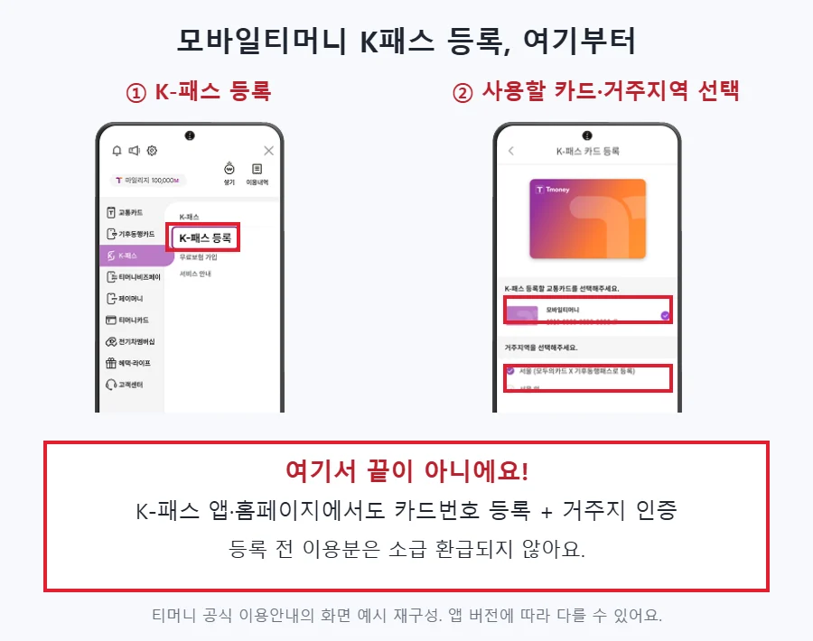 모바일티머니 K패스 등록 메뉴와 사용할 카드 및 거주지역 선택란을 빨간 테두리로 표시하고 K패스 별도 등록을 안내한 공식 화면 예시