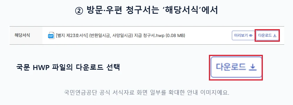 국민연금공단 반환일시금 지급청구서 서식자료의 국문 HWP 다운로드 버튼을 빨간 테두리로 강조한 화면