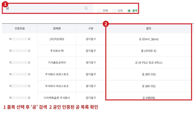 대한파크골프협회 공인인증품목 페이지에서 품목을 선택하고 공을 검색한 뒤 인증된 공 목록을 빨간 테두리로 표시한 화면