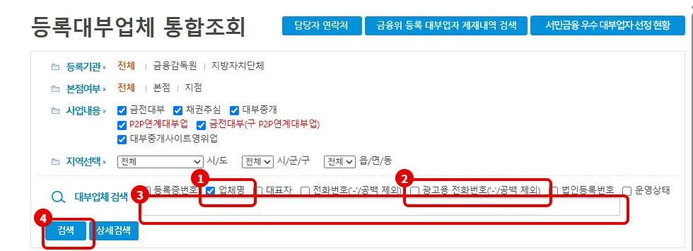 금융감독원 등록대부업체 통합조회 화면에서 업체명, 광고용 전화번호 체크박스와 검색어 입력칸, 검색 버튼을 빨간 번호로 표시한 모습