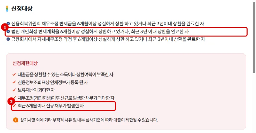 신용회복위원회 소액대출 상품안내에서 개인회생 변제계획 6개월 이상 성실 상환 대상과 최근 6개월 이내 신규 채무 제한을 빨간 테두리로 표시한 화면