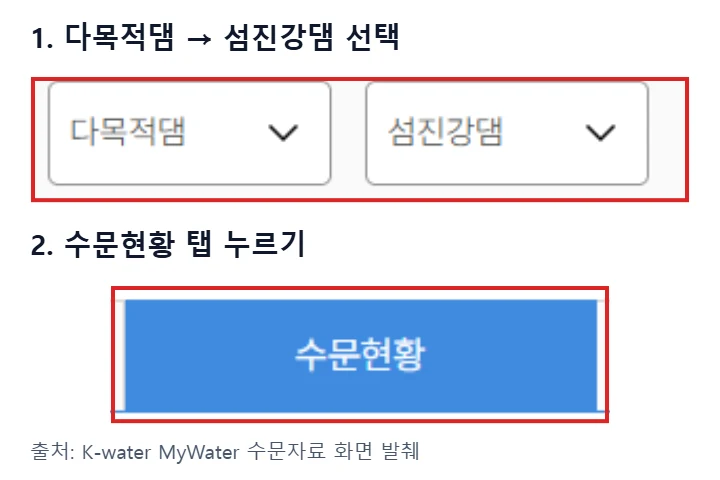 MyWater에서 다목적댐·섬진강댐 선택란과 수문현황 탭을 빨간색으로 표시한 화면