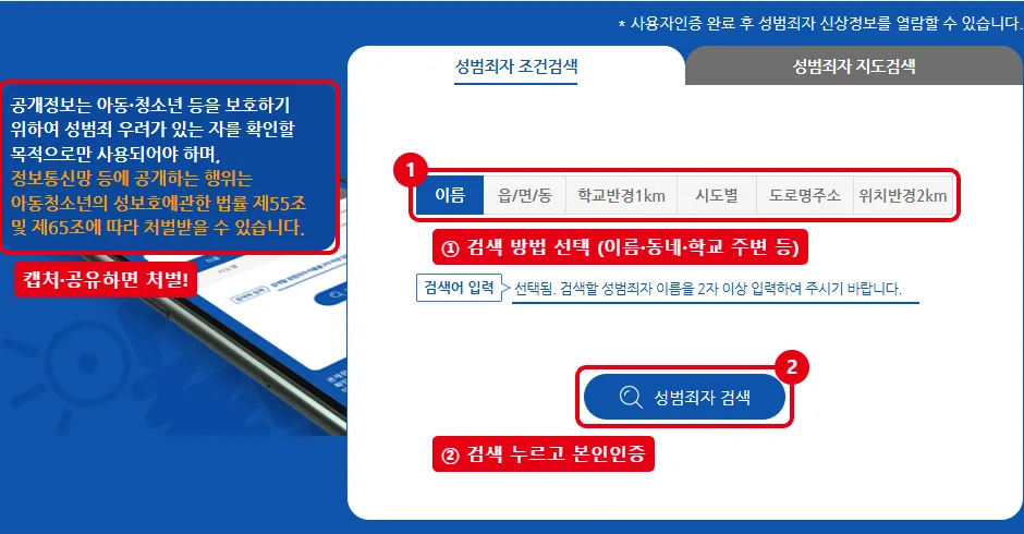 성범죄자 알림e 조건검색 화면에서 검색 방법 탭과 성범죄자 검색 버튼, 공유 금지 안내를 빨간 테두리로 표시한 화면