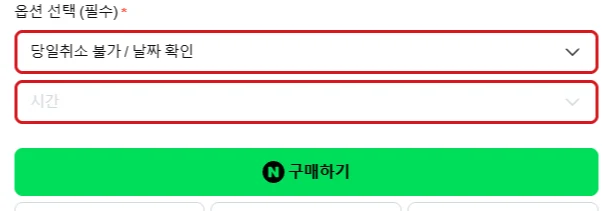 제주 쇠소깍 테우 예약상품에서 날짜 확인과 시간 선택란을 빨간 테두리로 표시한 구매 화면