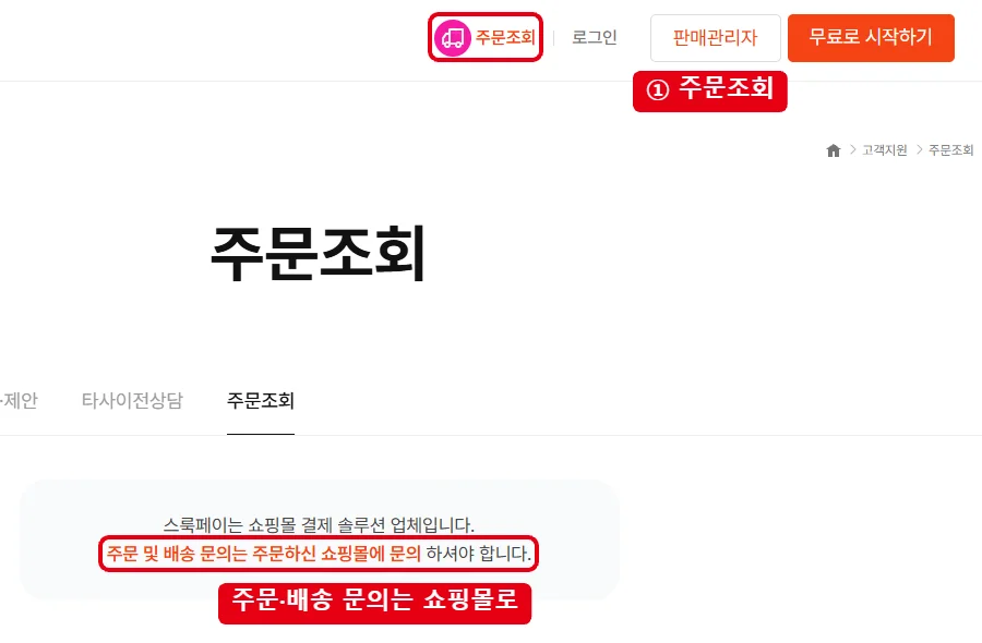 에스와이폴라리스가 운영하는 스룩페이 홈페이지에서 상단 주문조회 메뉴와 주문 및 배송 문의는 쇼핑몰에 하라는 안내 문구를 빨간 테두리로 표시한 화면